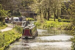 Boats on the River Stort. Showing boats moored on a gentle bend, with a high towpath sloping quite steeply towards the river. The Accessible Waterways Association would be recommending that if any work is done that the path should be made more level, as this presents a risk to users.