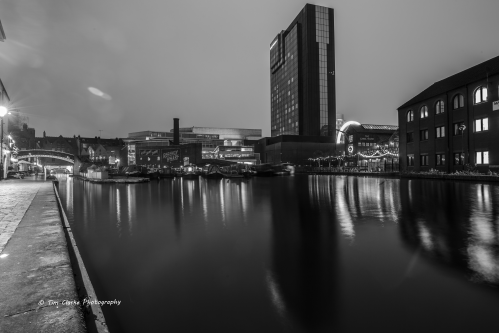 Black and White long exposure night time photograph of Birmingham's Gas Street Basin.