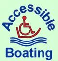 Accessible Boating Association Logo. The word Accessible arched over a graphic of a wheelchair on a line representing a boat, on top of wavy blue lines to represent water. The word Boating is underneath.
