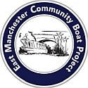 East Manchester Community Boat Project logo. The words in a three quarters circle above a pen and ink drawing of a canal boat emerging from a bridge.
