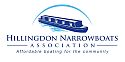 Hillingdon Narrowboats Association logo. A drawing of a narrowboat under an arched blue line, with the name underneath, below which is written "Affordable Boating for the Community".