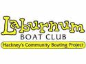 Laburnum Boat Club logo. A white rectangle with the word "Laburnum" in funky yellow lettering above "Boat Club" in black. "Hackney's Community Boating Project" is across the bottom in black lettering on a yellow background.