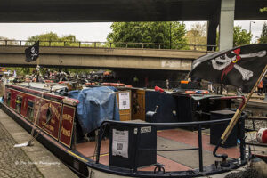 Accessible Boating Organisations: Pirate Castle's "Pirate Prince" widebeam attending the 2023 Canalway Cavalcade at Little Venice.