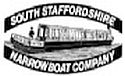 South Staffordshire Narrowboat Company logo. Consisting of the words "South Staffordshire" in white on black arched over the sketch of a narrowboat in black on white, with "Narrowboat Company" curved underneath in white on black.