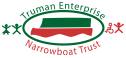 Trueman Enterprise Narrowboat Trust logo. "Trueman Enterprise" andd "Narrowboat Trust" arched either side of a stretched oval containing a cartoon narrowboat in green and red. On each side are two symbols indicating different accessibility needs.