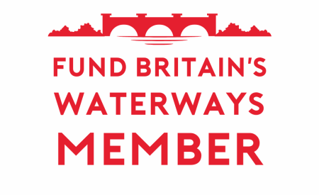 Fund Britain's Waterways Member logo. Red text on a white background. Above, also in red, is a stylish three-arched bridge over a waterway.