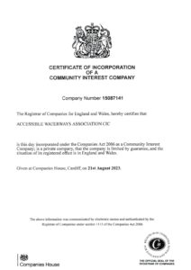 Copy of the Accessible Waterways Association's Certificate of Incorporation of a Community Interest Company ( CIC )