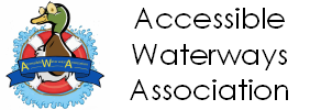 AWA Logo - a cartoon duck, wearing glasses, inside a life ring. The full text "Accessible Waterways Association" is alongside.