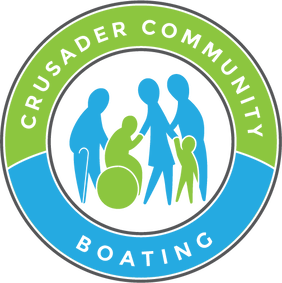 Crusader Community Boating logo. The words are in a circle around an cartoon of various people, some blue, some green, including adults, a child and a person in a wheelchair. "Crusader Community" is in white on a green background at the top, below is "Boating" in white on blue.