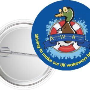 The AWA Badge. Logo and text "Striving to make our UK waterways better for all" on a dark blue background.